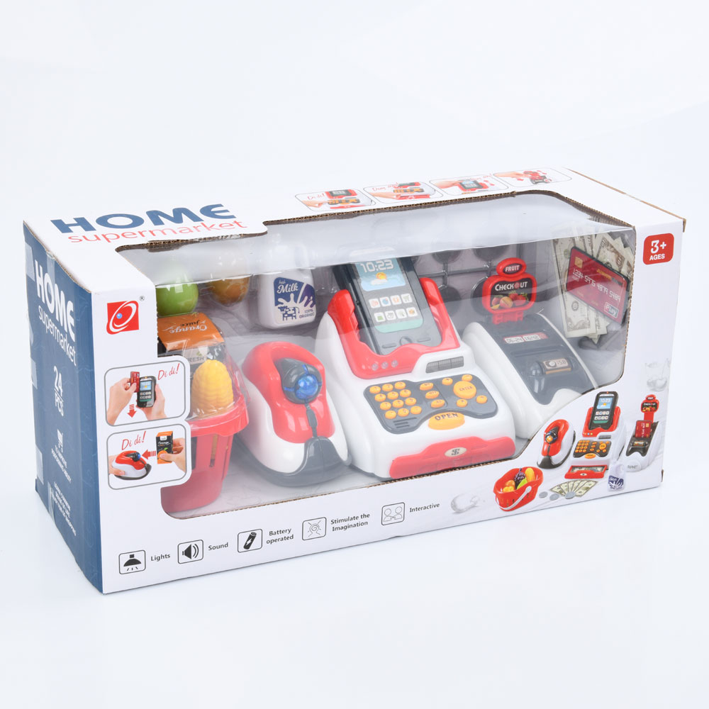 Касовий апарат 668-122 (12шт) каса, сканер, звук, світло, корзина, продукти, гроші, 24предм,на бат-ц