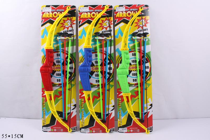 Лук и стрелы 709130 (144шт/2) 3 вида, на планшетке 55*15см(КИ)