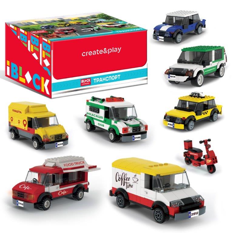 Конструктор IBLOCK PL-921-436 (48шт) 6 уп по 8ш ТРАНСПОРТ, 8 видів у дісплей боксі, 78-133дет,(КІ)