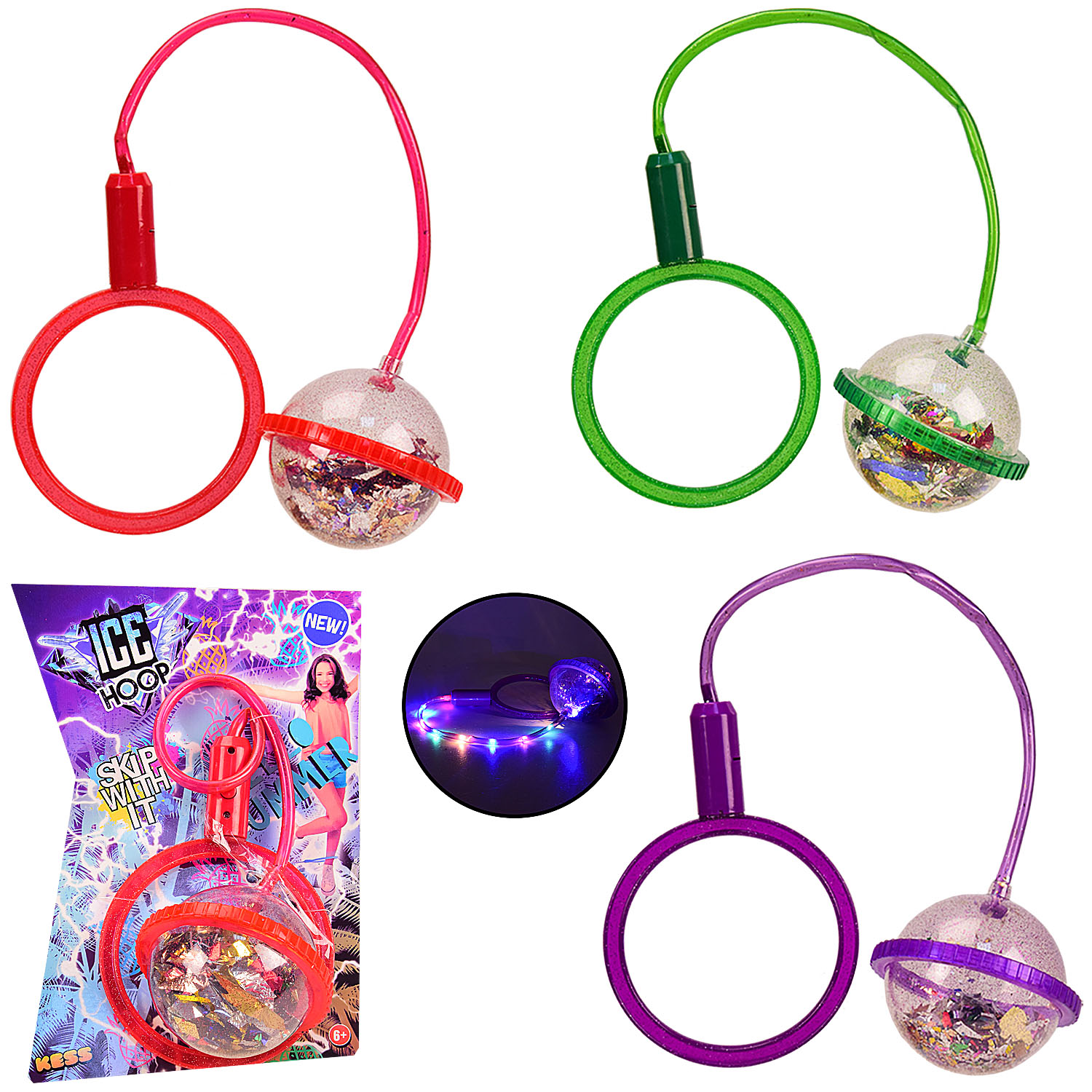 Скакалка SA1003 (120шт/2) на одну ногу свет (3 режима), 3 цвета на планшетке – 22*31 см, р-р игрушки