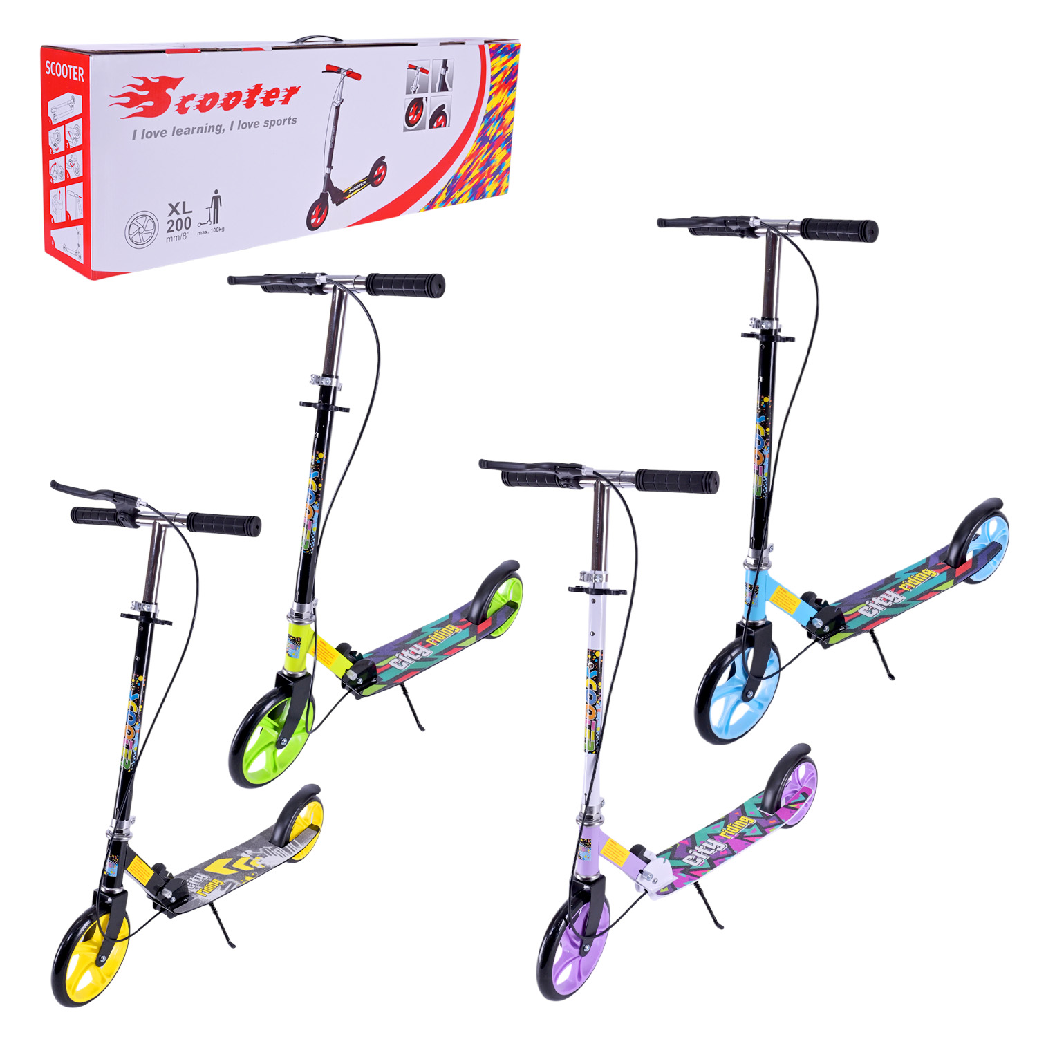 Самокат міський 2-х коліс. арт. SK2522 (4шт) сталевий,колеса 200 мм,гальмо, 4 кольори, короб.(КІ)