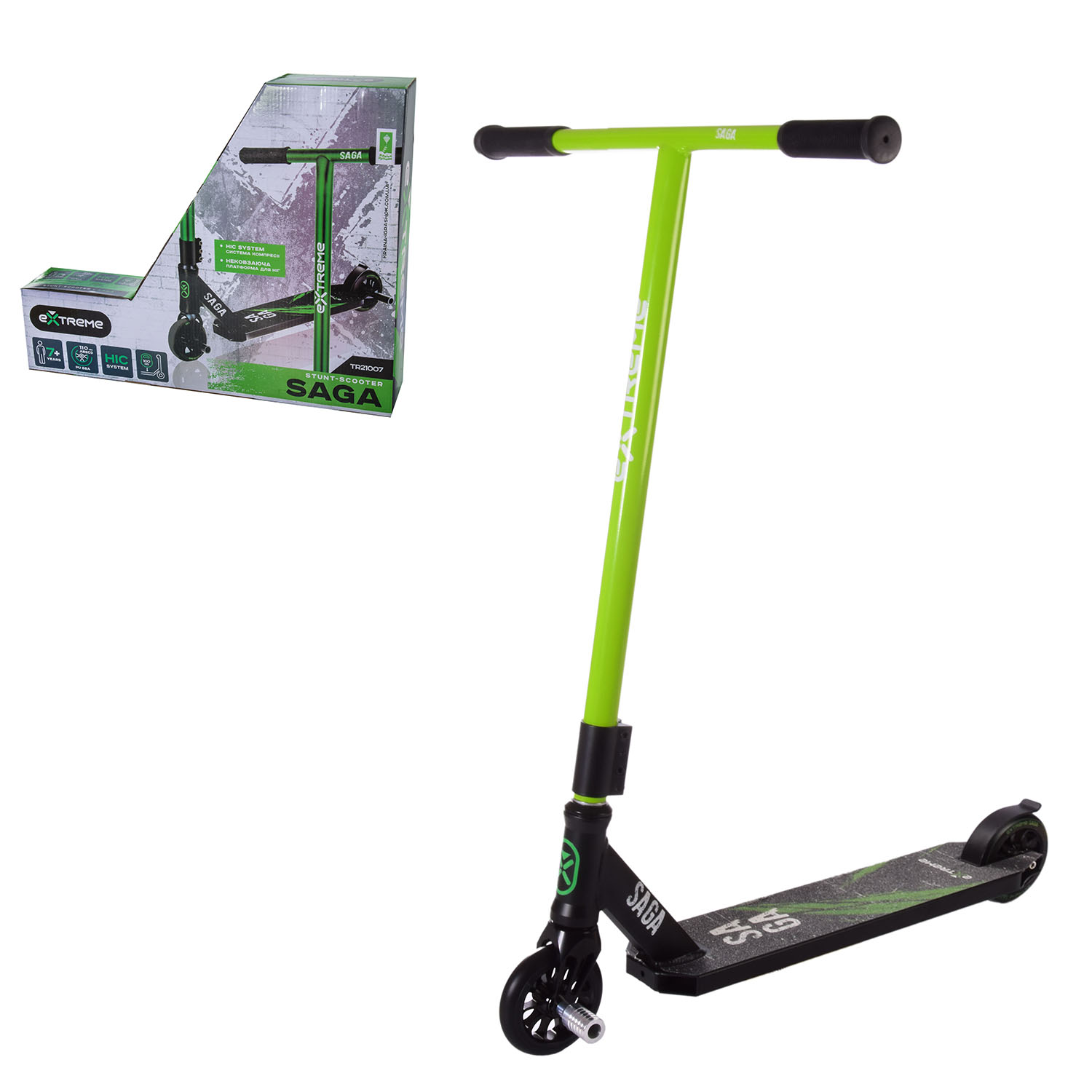 Самокат трюковий 2-х коліс. арт. TR21007 (4шт) GREEN, Extreme Motion SAGA,колеса PU 110мм(КІ)