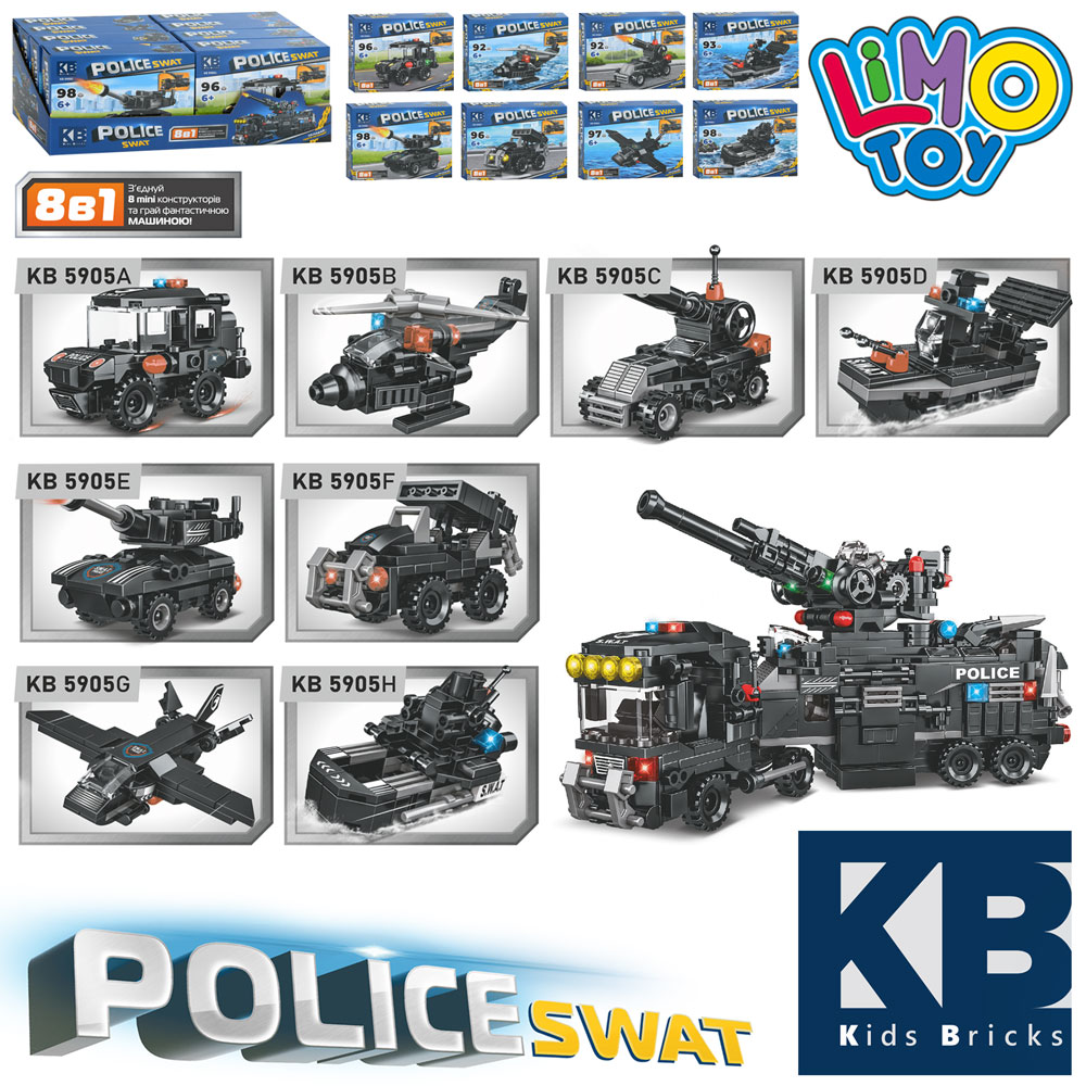 Конструктор KB 5905 (96шт) поліція, транспорт, від 92дет, в кор-ці, 8в1, шт (8видів) в дисплеї,