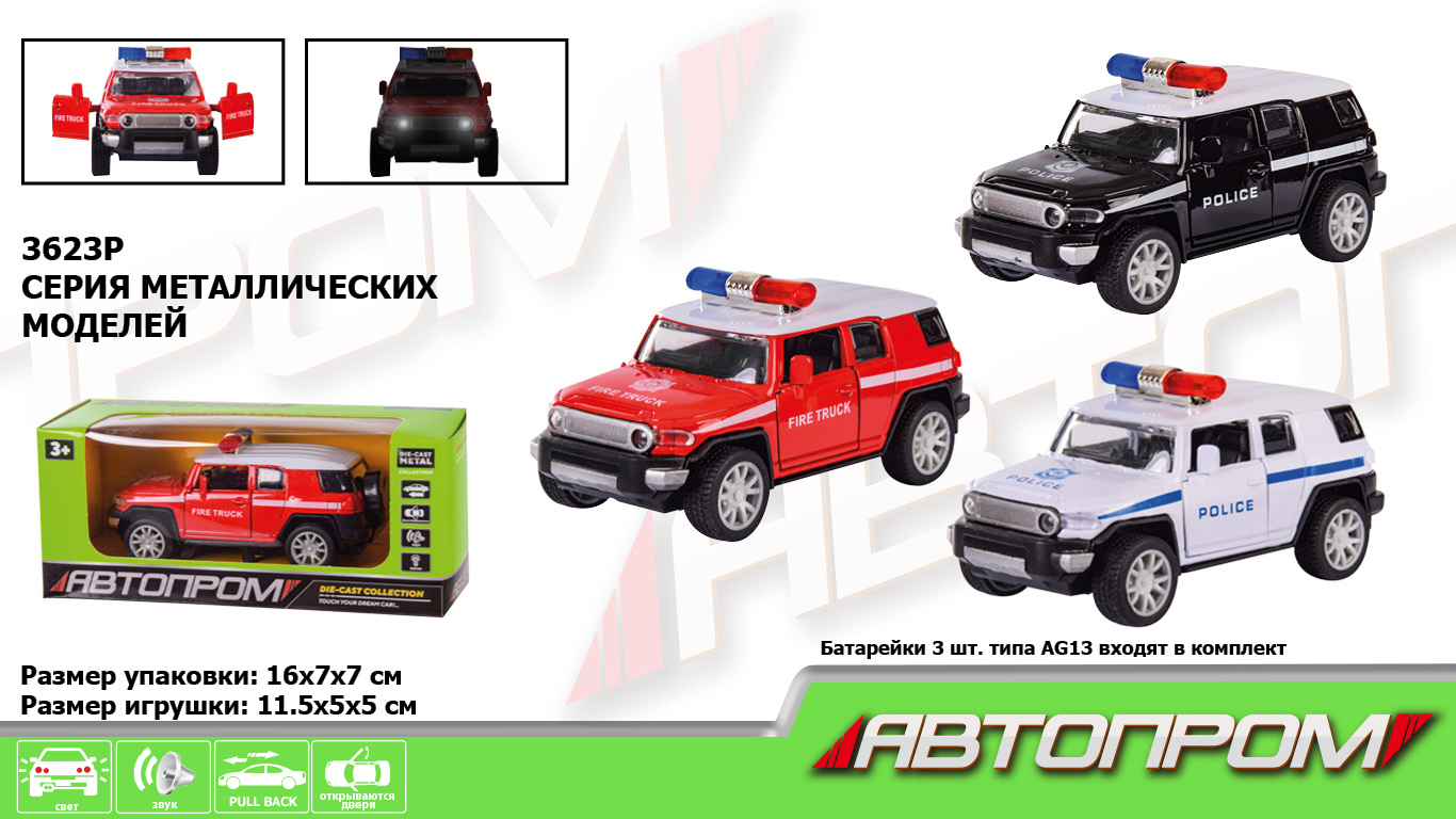 Машина металл 3623P (96шт/4),1:32,3 цвета,свет,звук,откр.двери, в кор.16*7*7см(КИ)