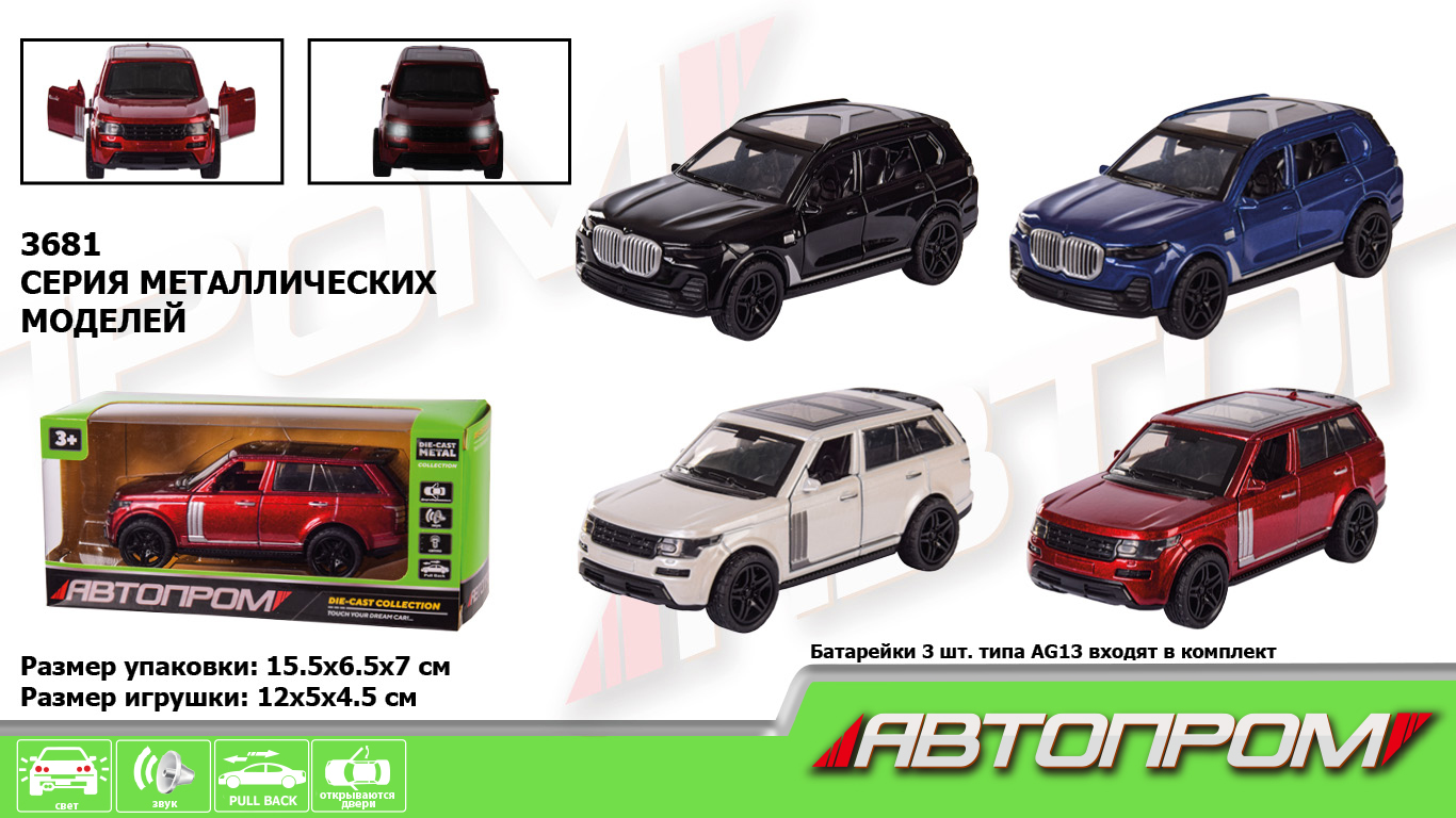 Машина металл 3681 (96шт/4) ,1:36, 4 цвета, свет,звук,откр.двери, в кор.15,5*6,5*7см(КИ)