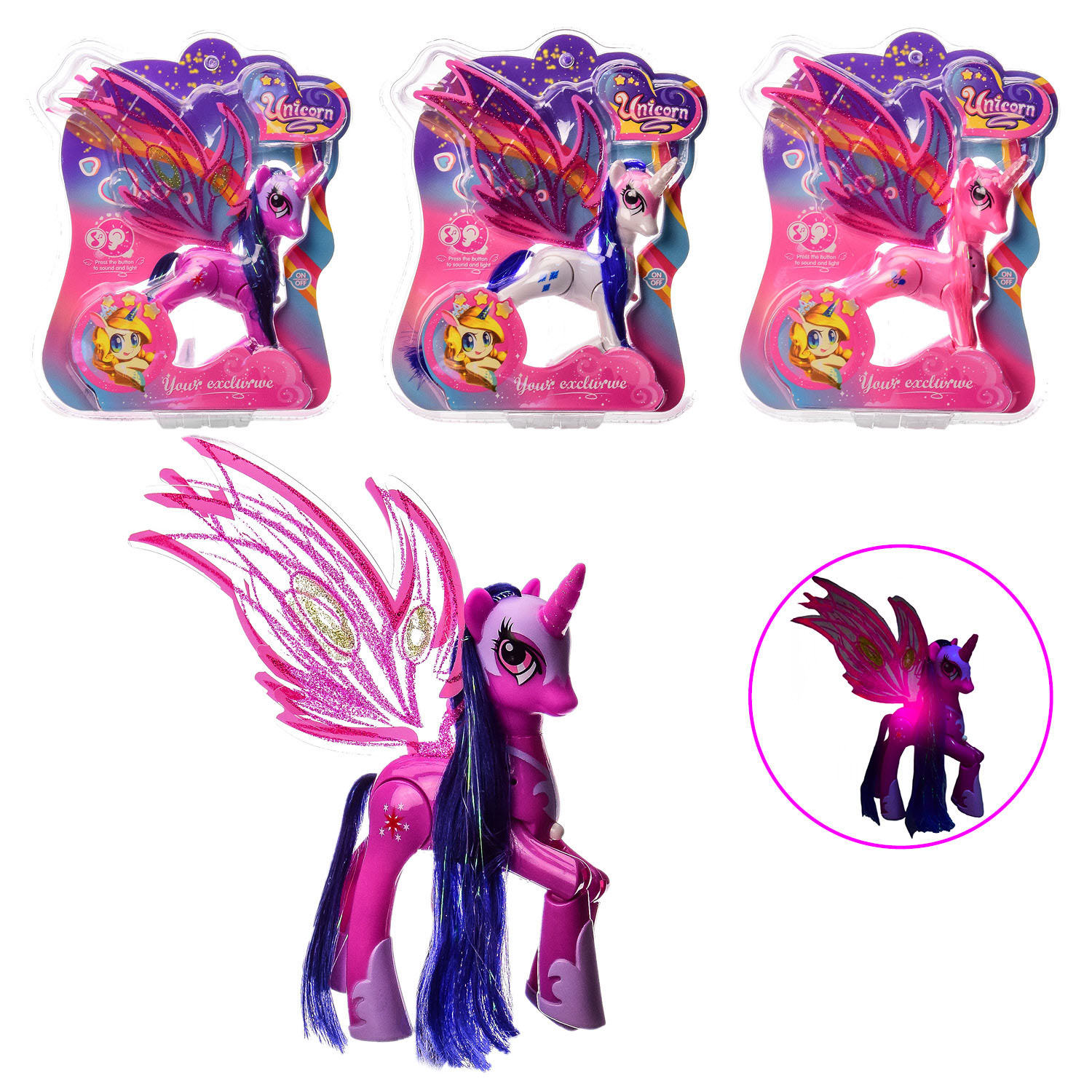 Поні арт. LY20023 (72шт/2)мікс кольорів,світло, планш.. 25*5*30 см, р-р іграшки – 21*5*22 см(КІ)