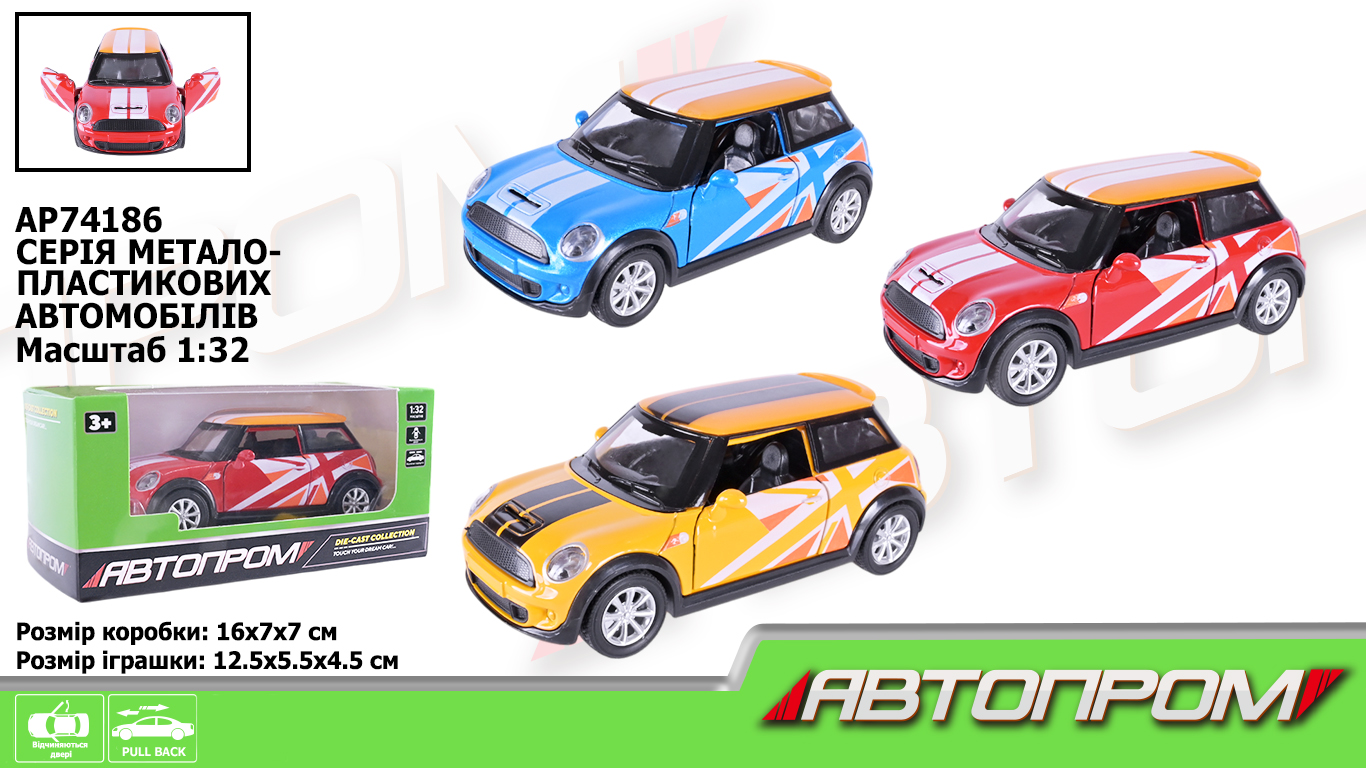 Машина мет. арт. AP74186 (48шт/2) 1:32,3 кольори, відкр.двері,короб.16*7*7см(КІ)