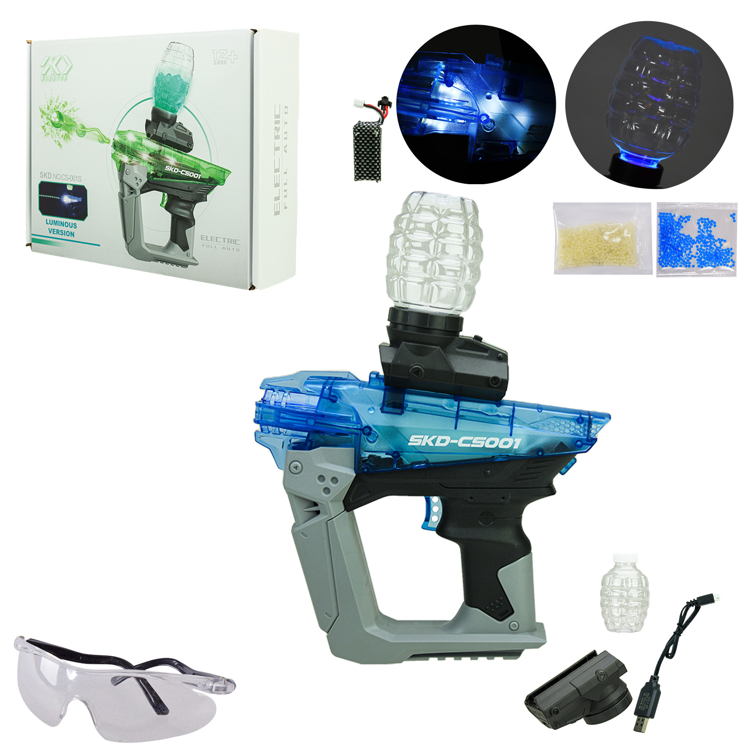 Пістолет акум. арт. CS001S (BLUE)  (12шт) стріляє гелевими пулями, світиться в темряві,(КІ)