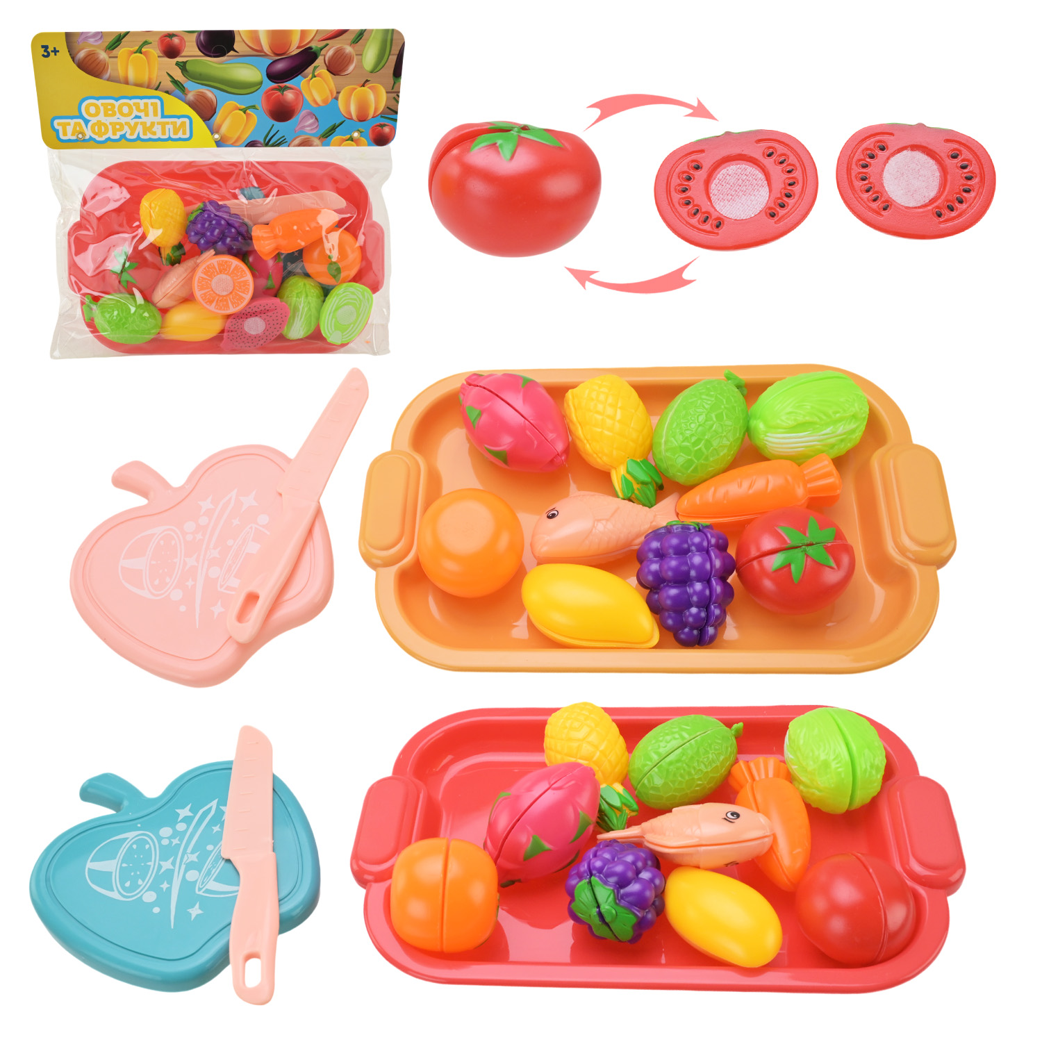 Продукти набір арт.PL-524-202 (144шт/2) овочі та фрукти, на липучці, деко, ніж пакет 24*39см(КІ)