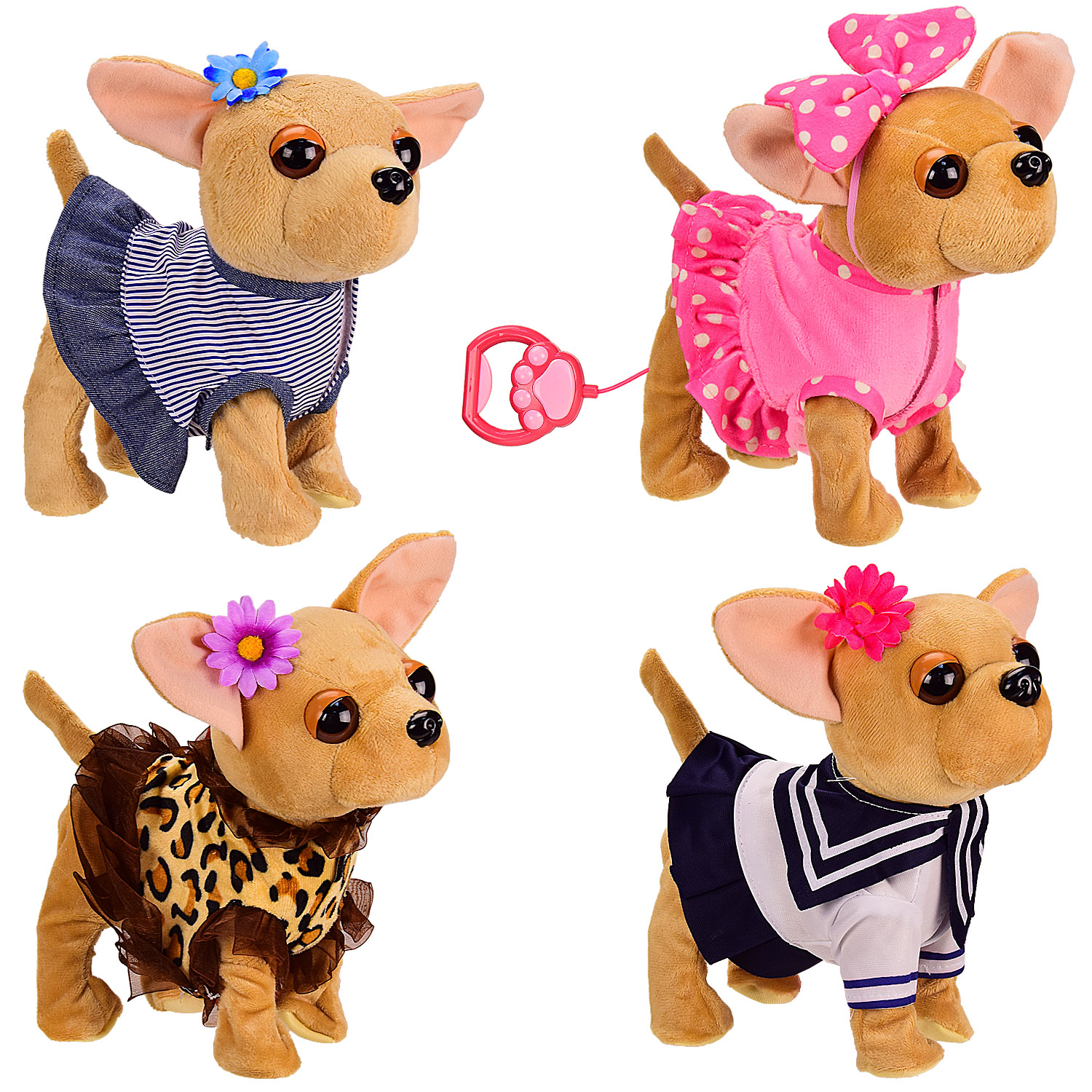 Мягкая собачка на поводке M1982 (24шт) ходит,машет хвостом,гавкает, музыкальная,4 вида,(КИ)