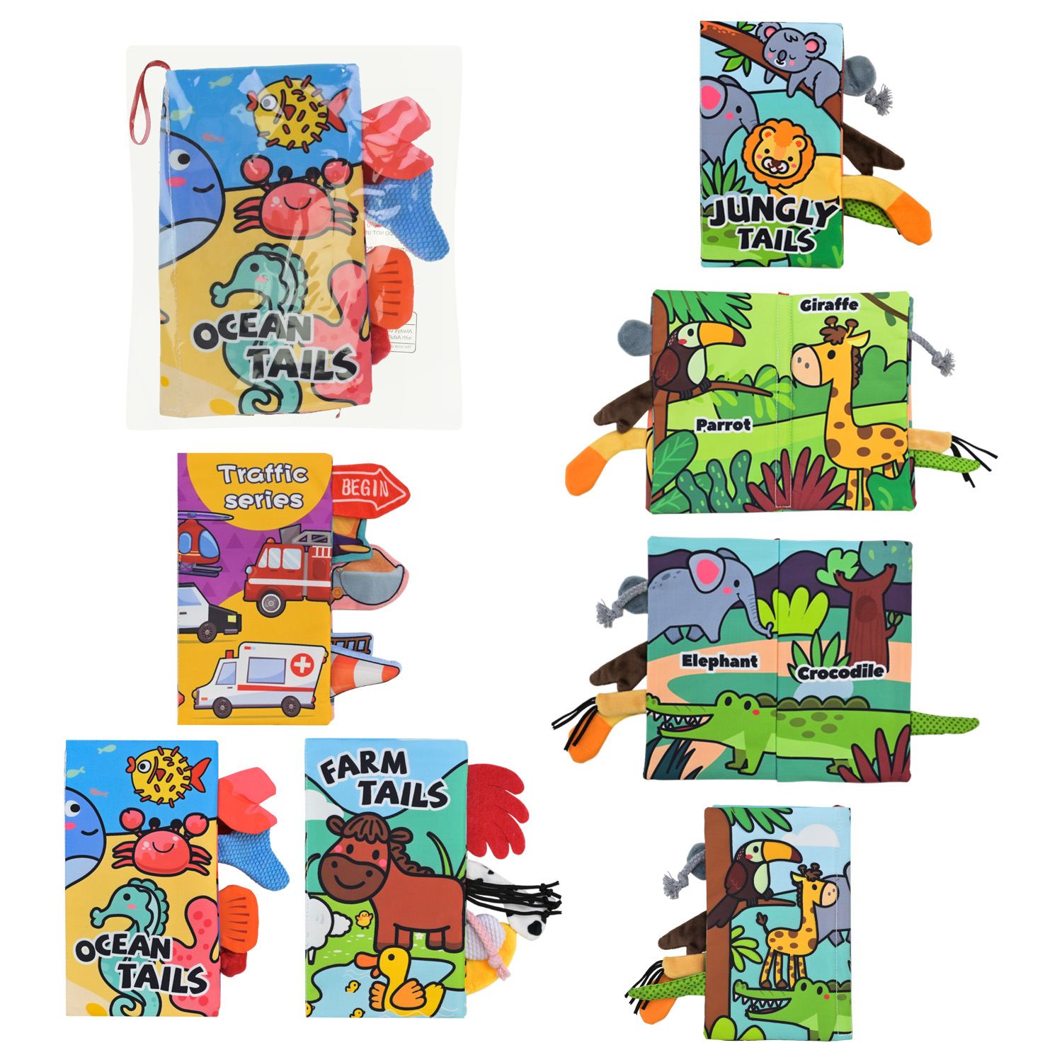 Книга м'яка арт.HE0206-37/61/39/38 (150шт)4 види,тактильна, м'які хвости тварин,пакет21*1,5*23см9КІ)