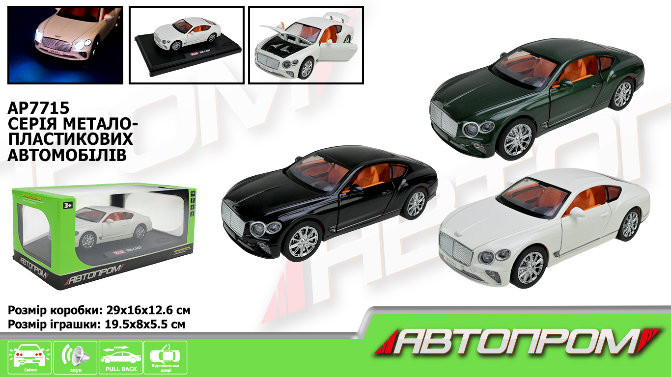 Машина мет.  арт. AP7715 (12шт) 1:24,3 кольори, батар, світ., звук, двері відкр.,(КІ)