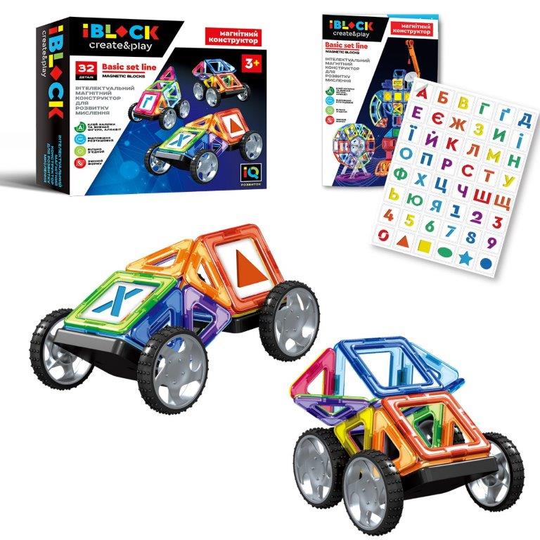 Конструктор магнитн IBLOCK PL-920-02 (24шт)32дет, инструкция на укр+ наклейки с буквами укр. алфавит