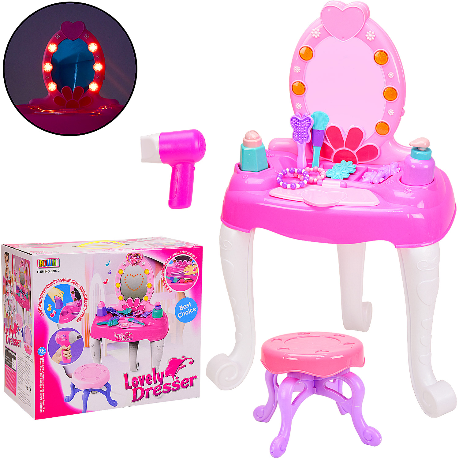 Туалетный столик 8303C (8шт) расческа,зеркальце,резиночки,аксес,свет,звук,в кор. 37*33*21 см, р-р иг