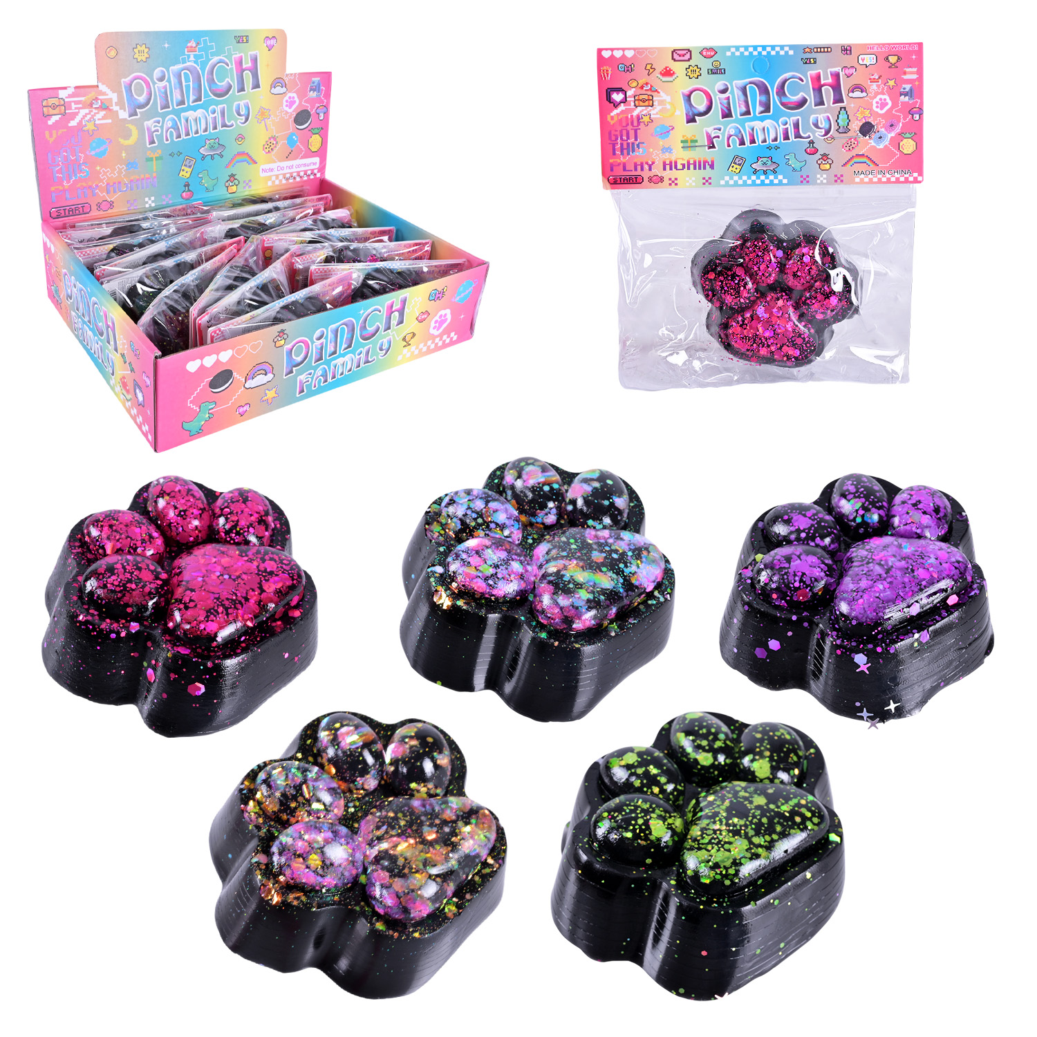 Антистрес арт. C29305 (384шт) Таба лапка чорна з блискітками 6*7см 16шт дисплей бокс28,5*21*7 см(КІ)