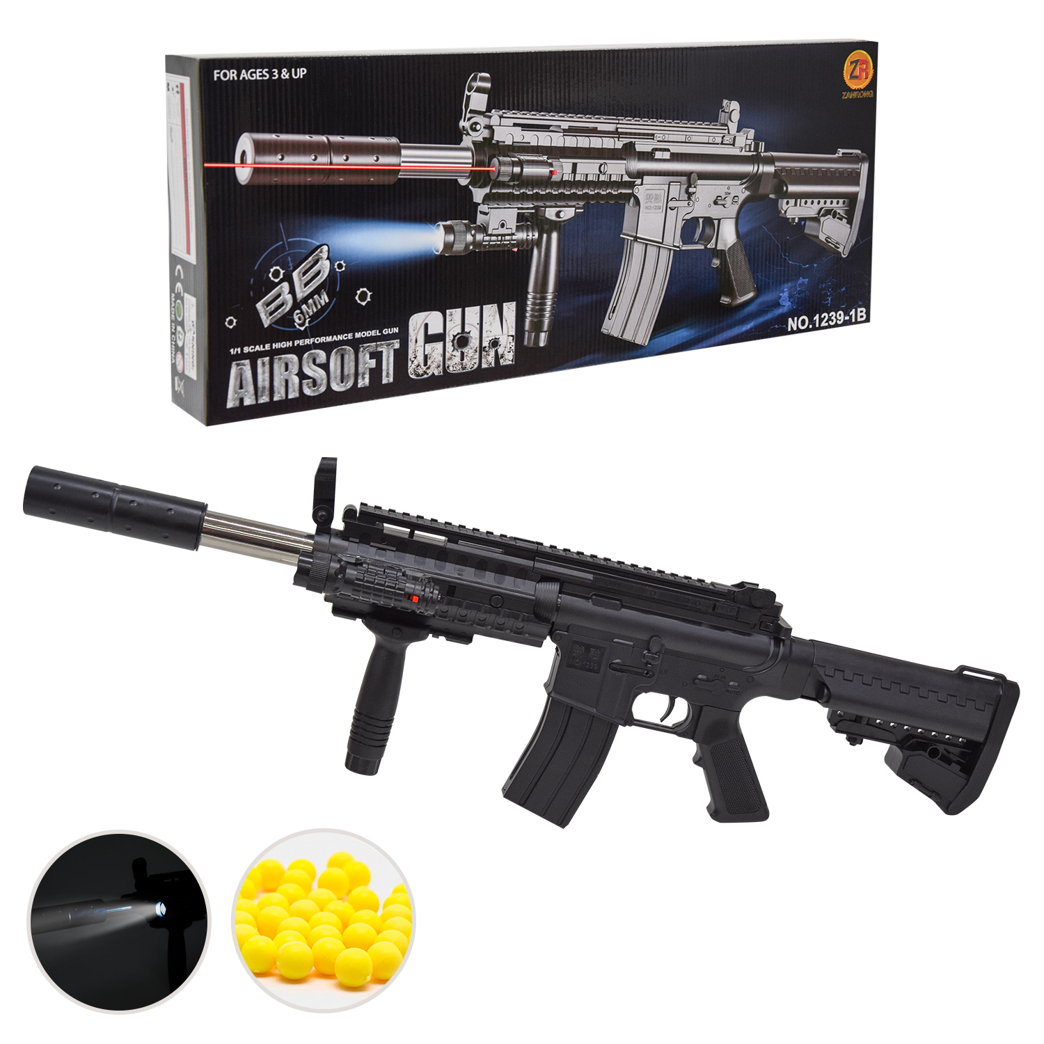 Автомат арт. 1239-1B (18шт) бат.., лазер, ліхтарик, кульки короб. 62 * 25,5 см(КІ)