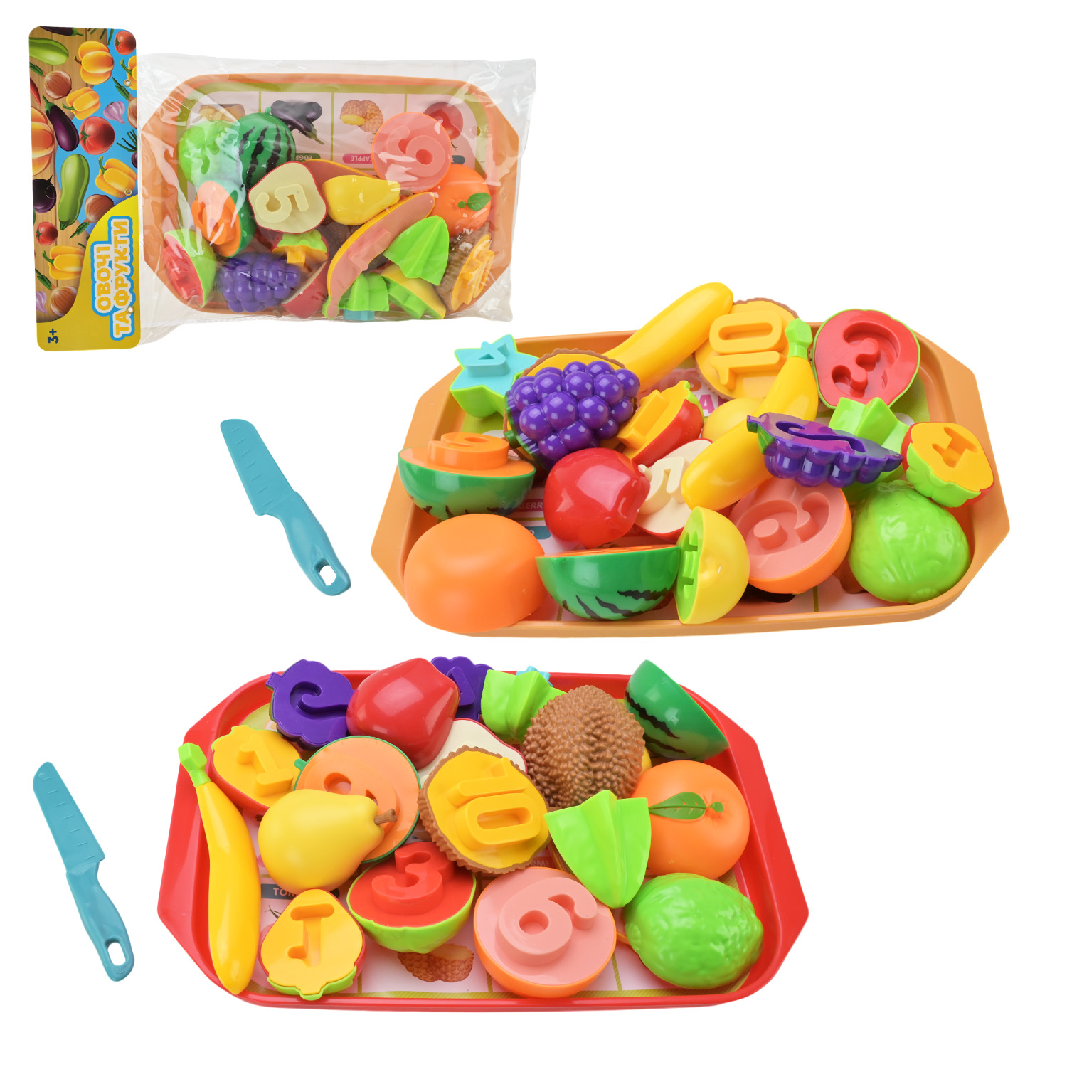 Продукти набір арт. PL-524-203 (72шт/2)   овочі та фрукти з цифрами, деко, ніж пакет 24*39см(КІ)