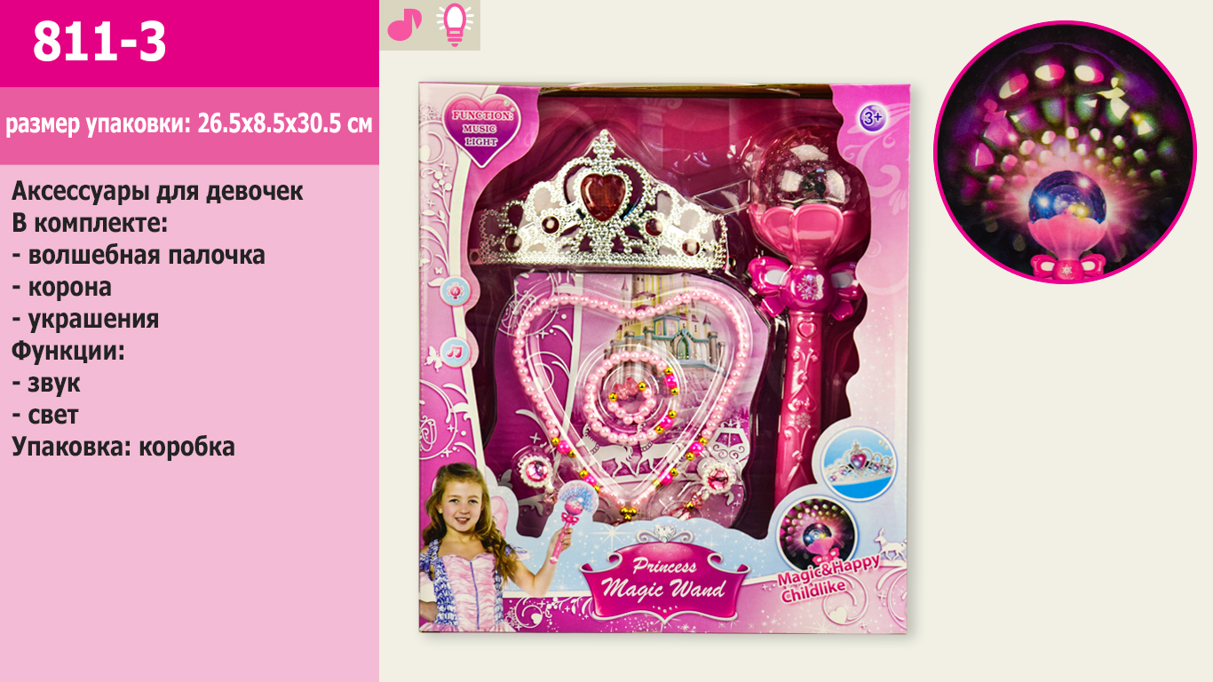 Аксессуары для девочек 811-3(36шт/2) волшебная палочка,корона,бусы,браслет,в кор.26,5*8,5*30,5см(КИ)