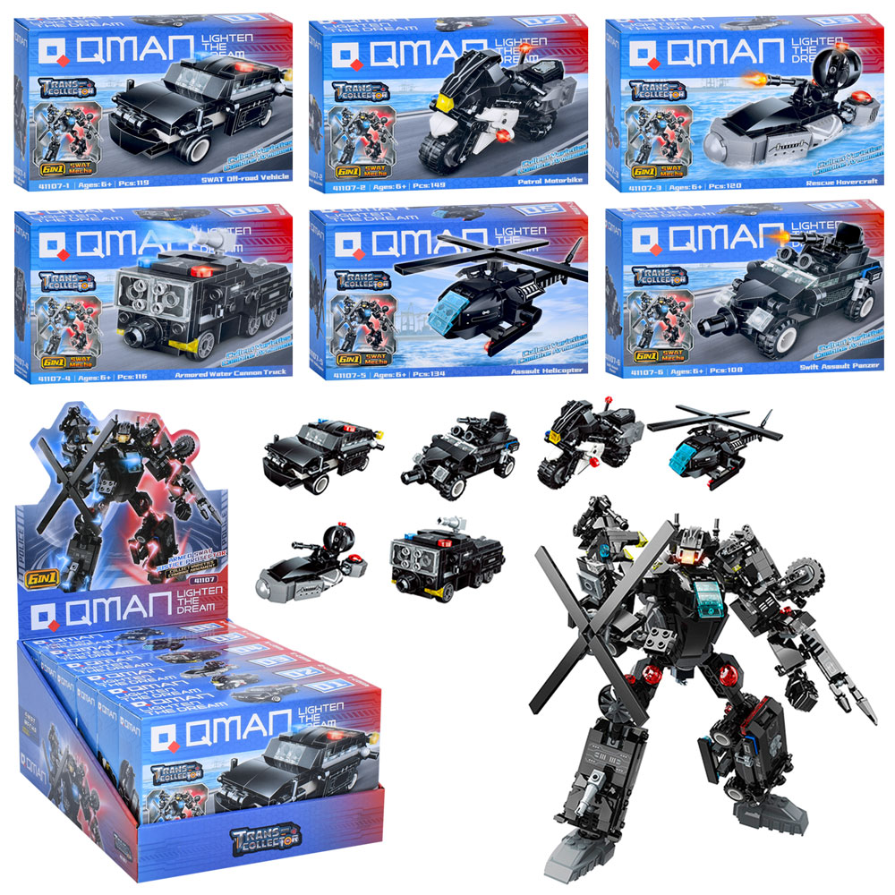 Конструктор Qman 41107 (72шт) поліція, транспорт, від 108дет, в кор-ці, 6в1(робот), 6шт(6видів) 