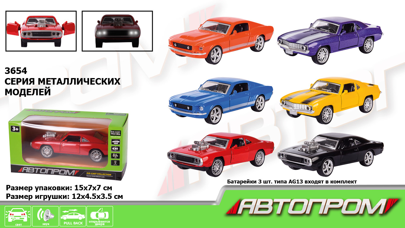 Машина металл 3654 (96шт/2),1:32-36, 3 вида по 2 цвета, батар., свет, откр.двери, в кор. (КИ)