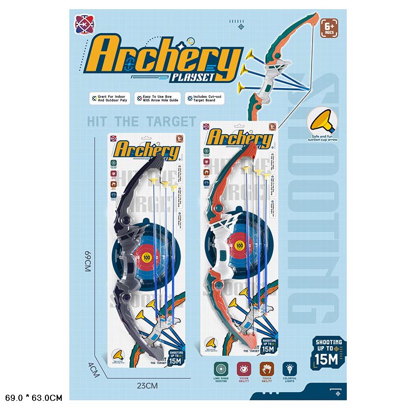 Лук арт. 949-2 (72шт/2) 2 кольора, 3 стріли на присосках, планшетка 69*23*4см(КІ)