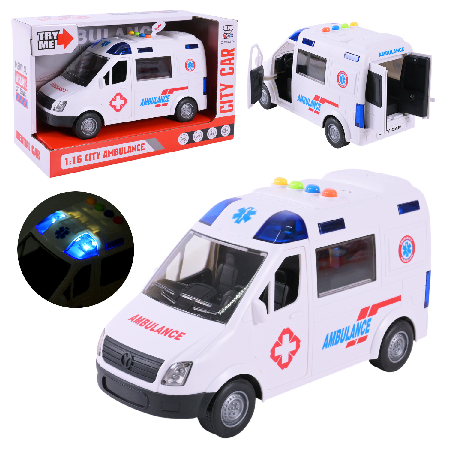 Машина арт.ZY221A (48шт/2)батар.Швидка допомога, світло,звук,двері відчиняються, короб. 26*11,5(КІ)