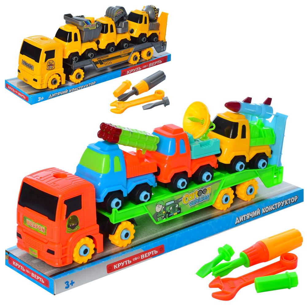 Конструктор ML 002 (24шт) на шурупах, трейлер, 2в (будтех/військ.), інстр, в слюді, 43,5-15-10см		