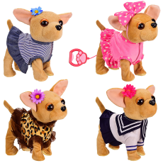 Мягкая собачка на поводке M1982 (24шт) ходит,машет хвостом,гавкает, музыкальная,4 вида,(КИ)
